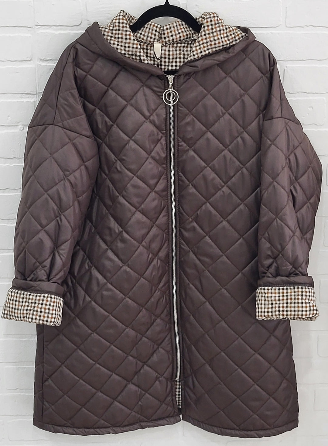 Lux Luna Quilted Hooded Coat with Check Trim
