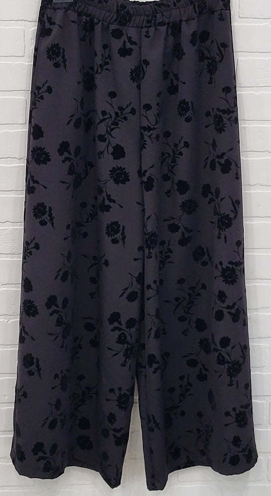 Wide Leg Trousers with  Floral Velvet
