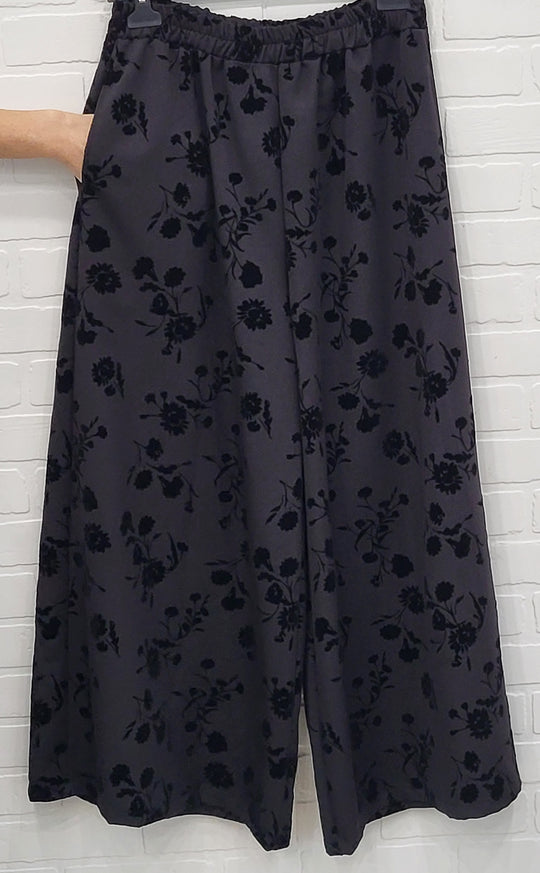 Wide Leg Trousers with  Floral Velvet