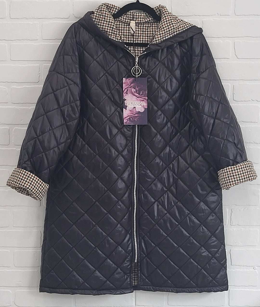 Lux Luna Quilted Hooded Coat with Check Trim