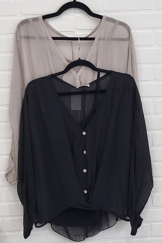 Silk-Blend Button-Front Blouse Set