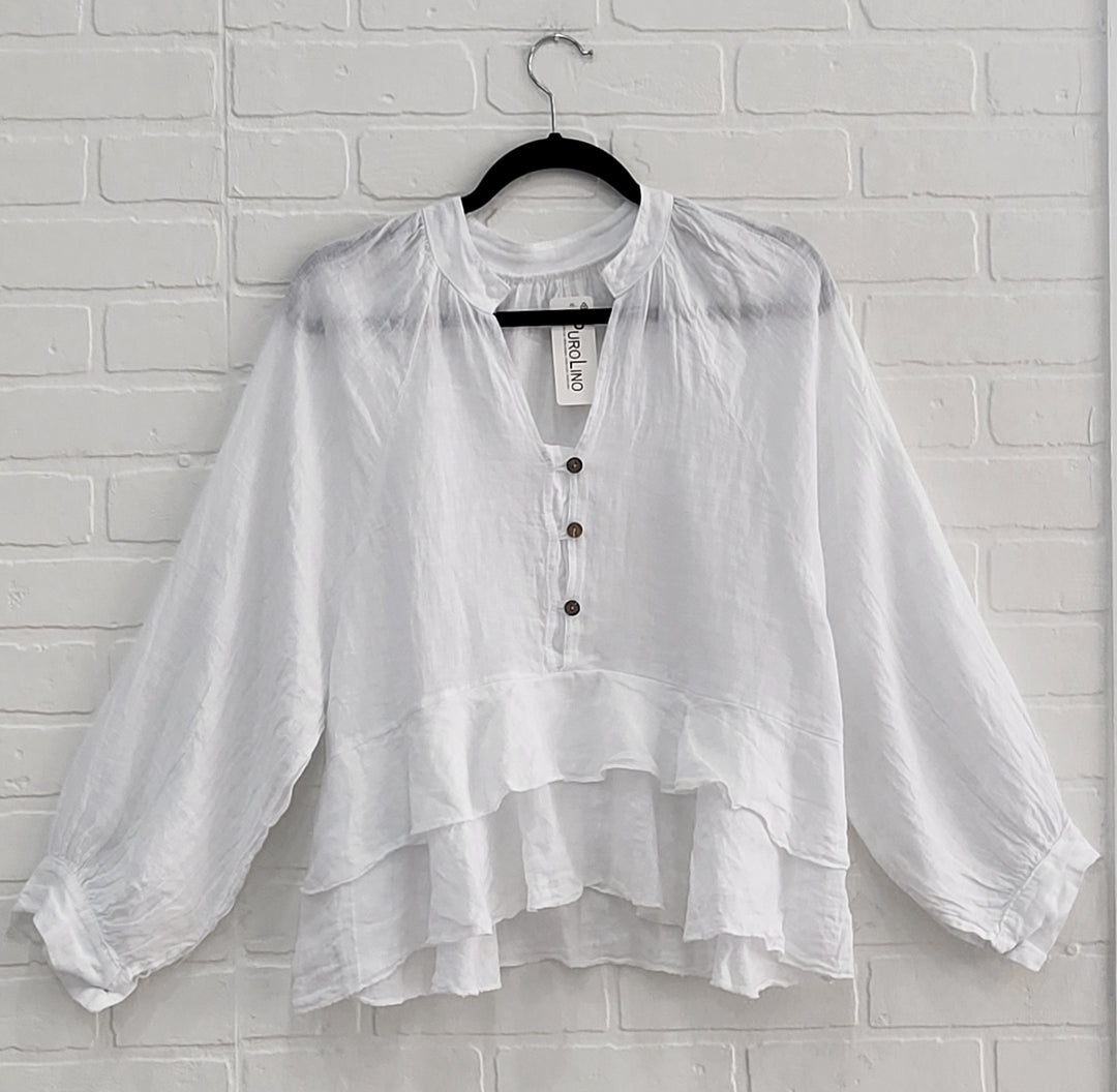 Santorini Linen Ruffle Blouse