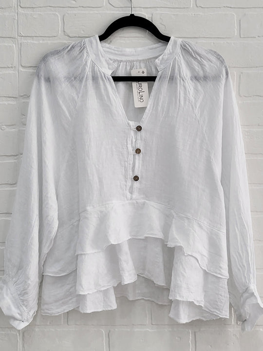 Santorini Linen Ruffle Blouse