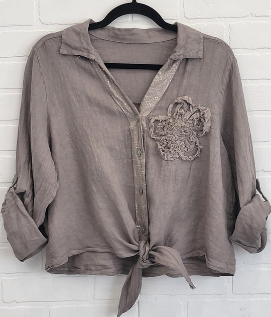 Penelope Tie Linen Shirt with Flower Appliqué