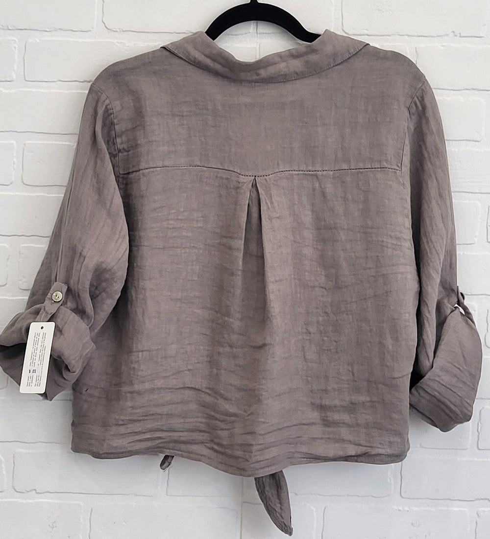 Penelope Tie Linen Shirt with Flower Appliqué