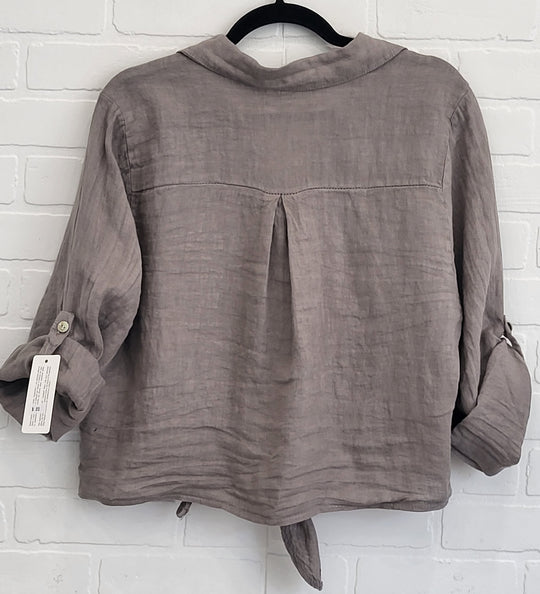 Penelope Tie Linen Shirt with Flower Appliqué