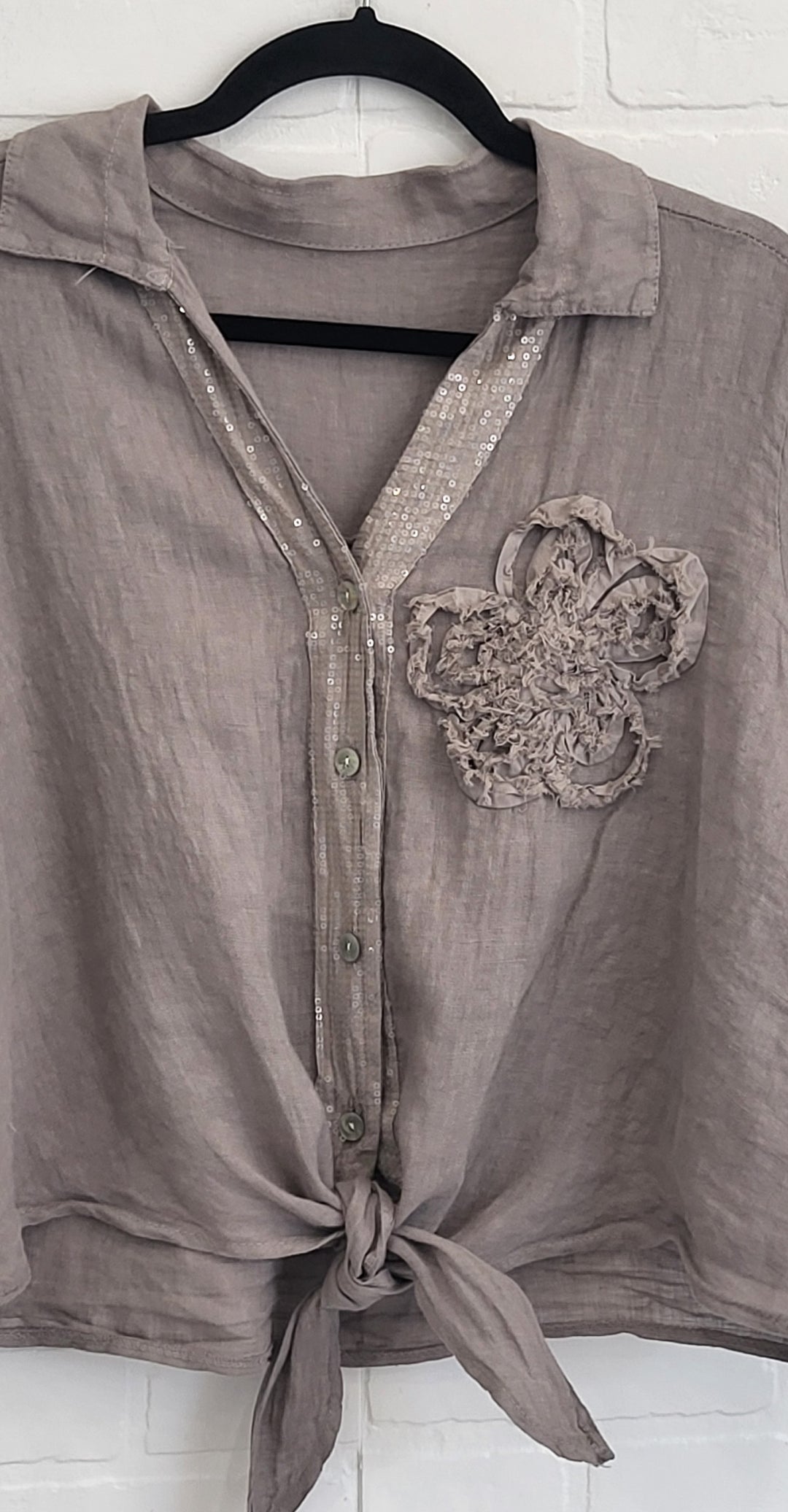 Penelope Tie Linen Shirt with Flower Appliqué