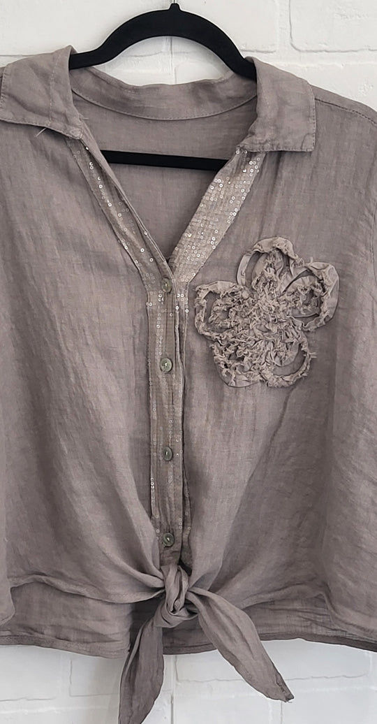 Penelope Tie Linen Shirt with Flower Appliqué