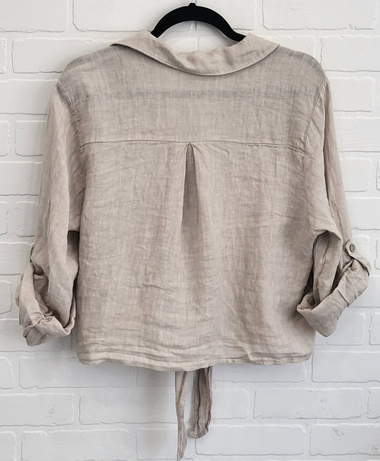 Penelope Tie Linen Shirt with Flower Appliqué