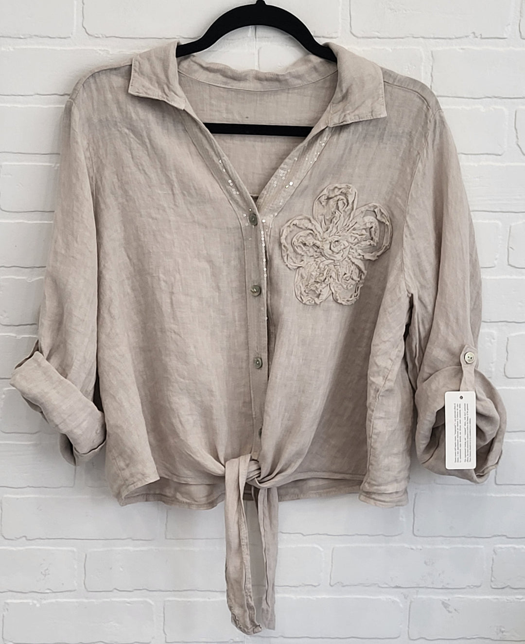 Penelope Tie Linen Shirt with Flower Appliqué