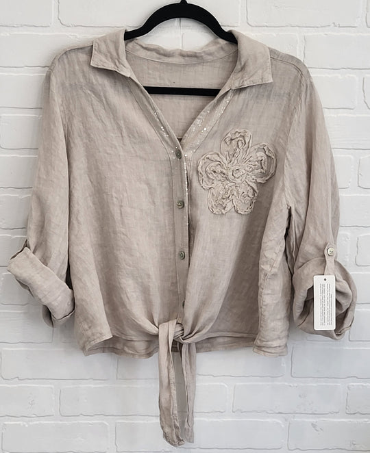 Penelope Tie Linen Shirt with Flower Appliqué