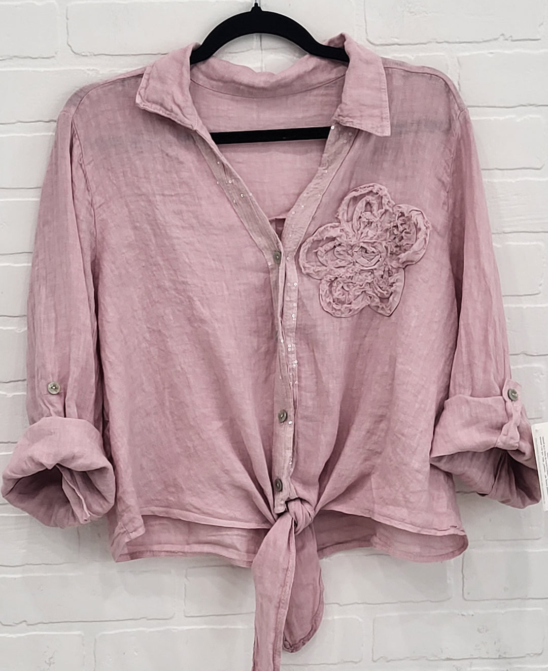 Penelope Tie Linen Shirt with Flower Appliqué