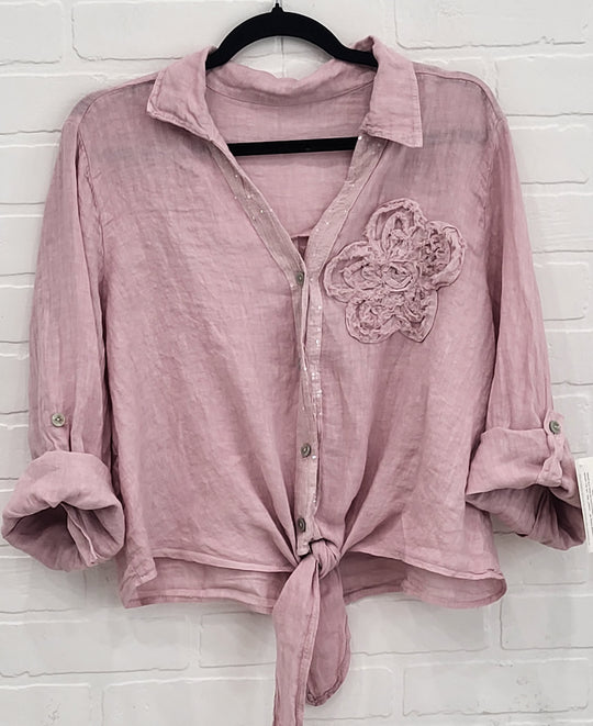 Penelope Tie Linen Shirt with Flower Appliqué