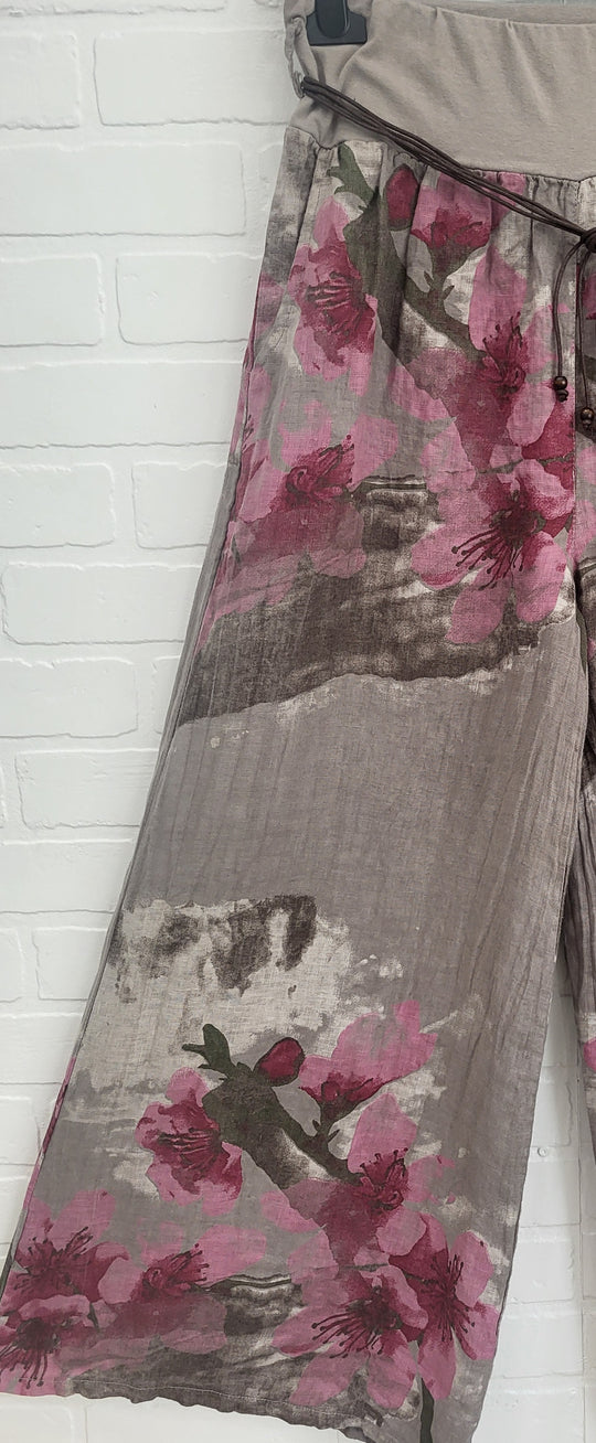 Cherry Blossom Linen Palazzo Pants