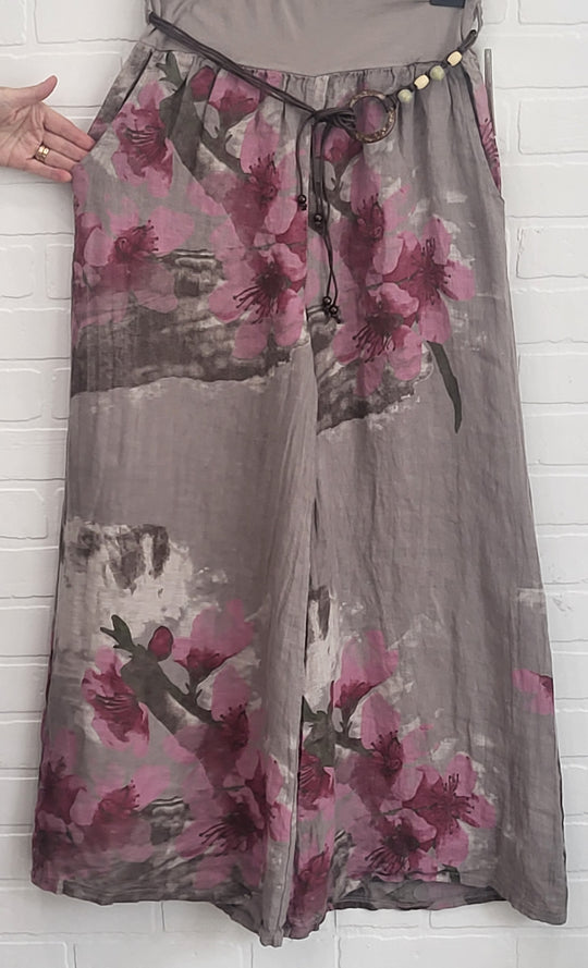 Cherry Blossom Linen Palazzo Pants