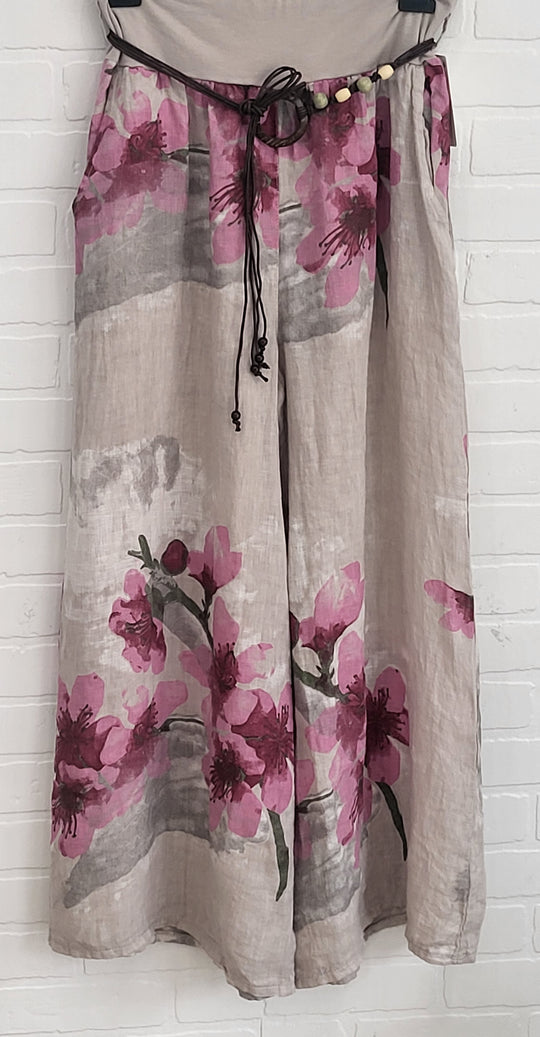 Cherry Blossom Linen Palazzo Pants