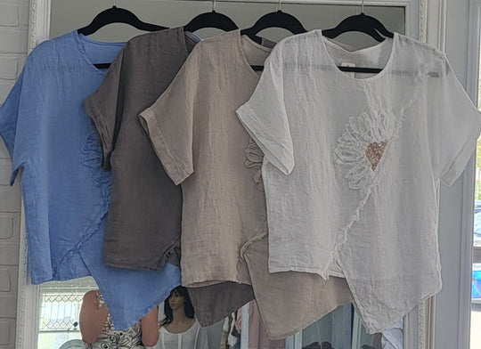 Linen Assymetrical Top with Flower Appliqué