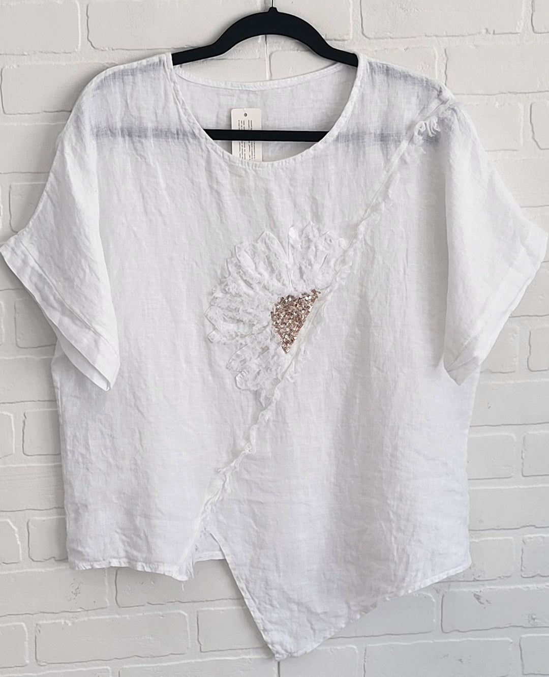 Linen Assymetrical Top with Flower Appliqué