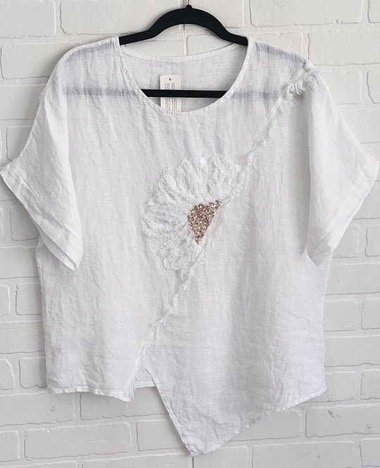 Linen Assymetrical Top with Flower Appliqué