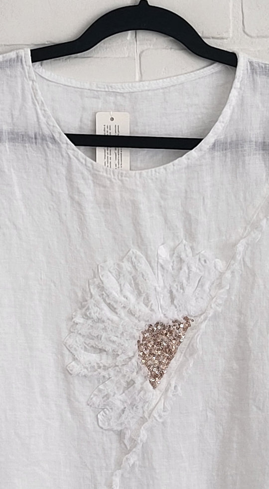 Linen Assymetrical Top with Flower Appliqué