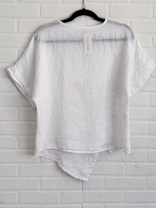 Linen Assymetrical Top with Flower Appliqué