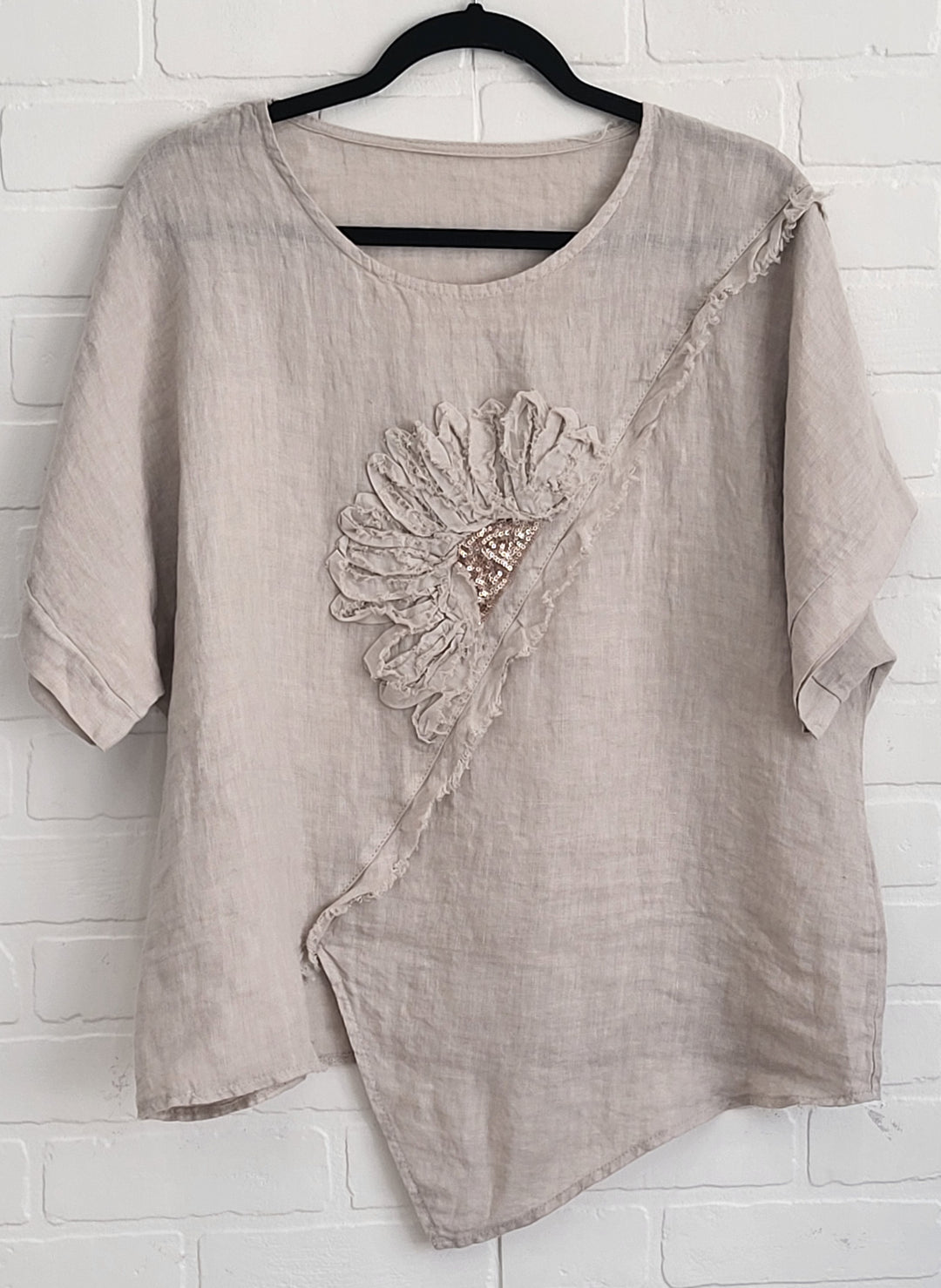 Linen Assymetrical Top with Flower Appliqué