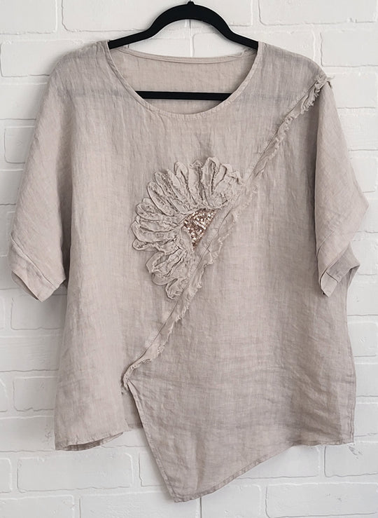 Linen Assymetrical Top with Flower Appliqué
