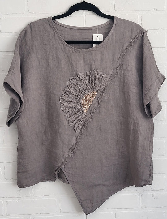 Linen Assymetrical Top with Flower Appliqué