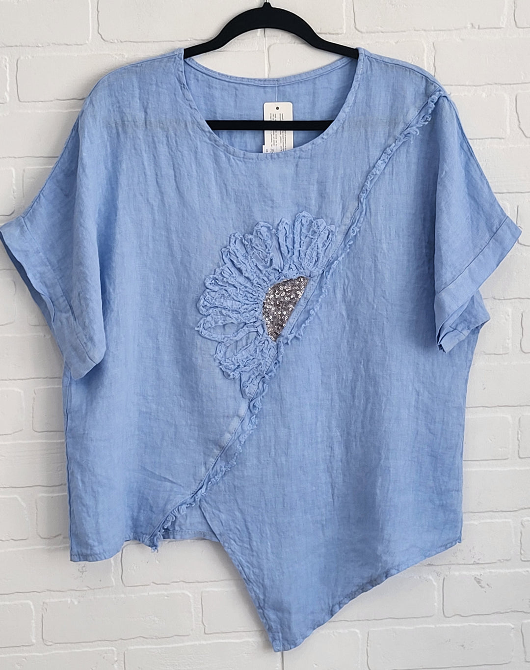 Linen Assymetrical Top with Flower Appliqué