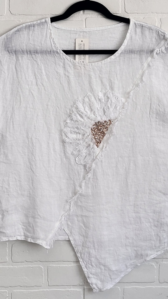 Linen Assymetrical Top with Flower Appliqué