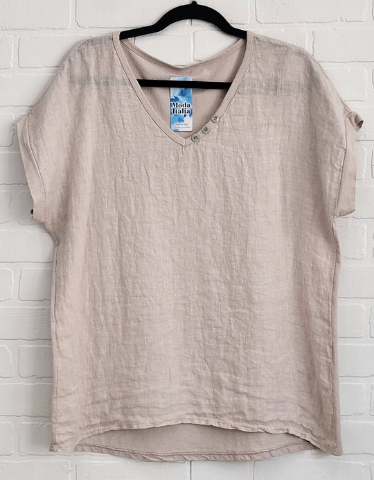 Linen Tee V-Neck with Buttons