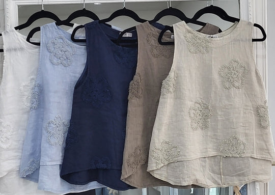 Embroidered Sleeveless Linen Top