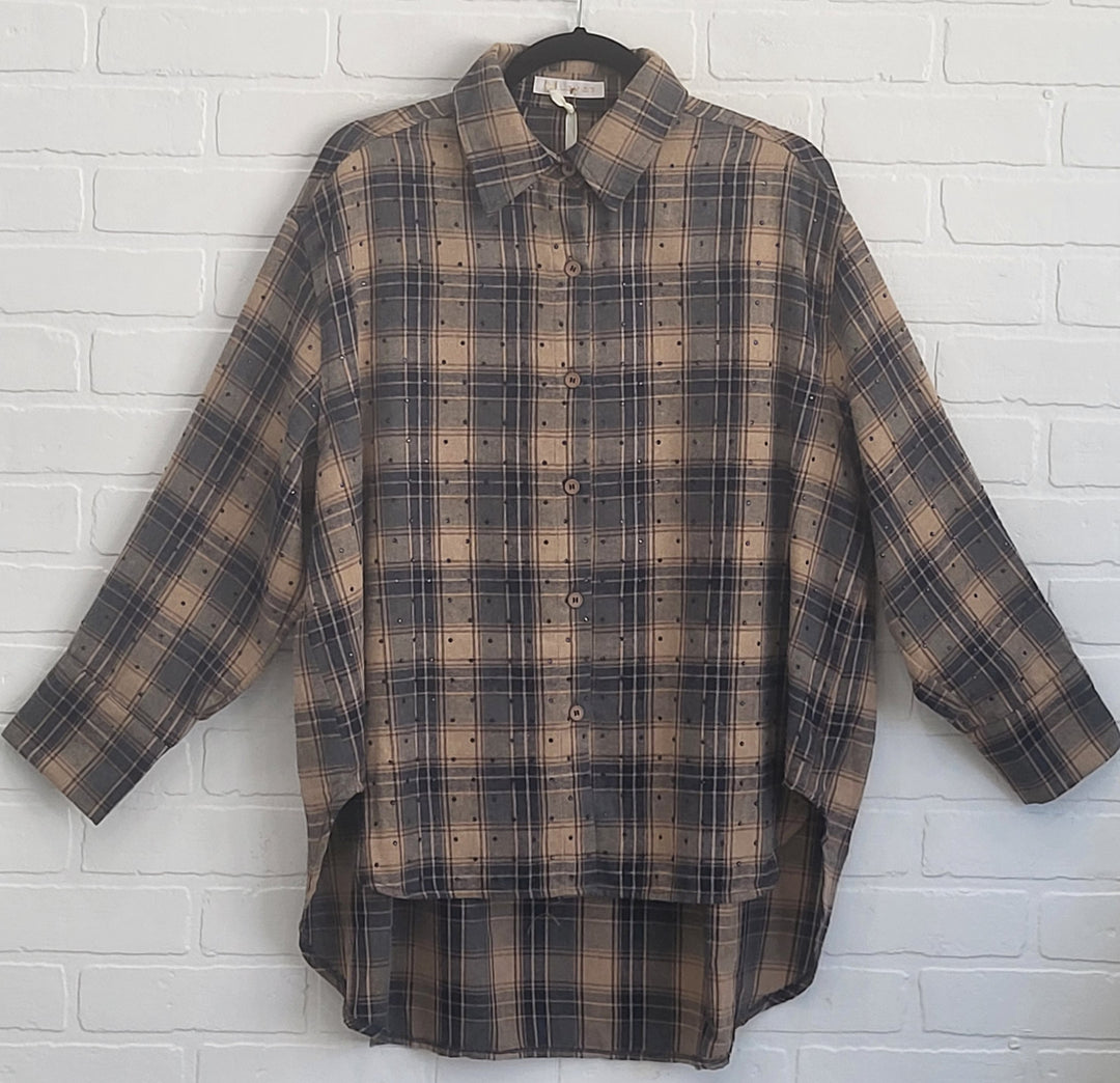 Rinestone City Plaid Blouse