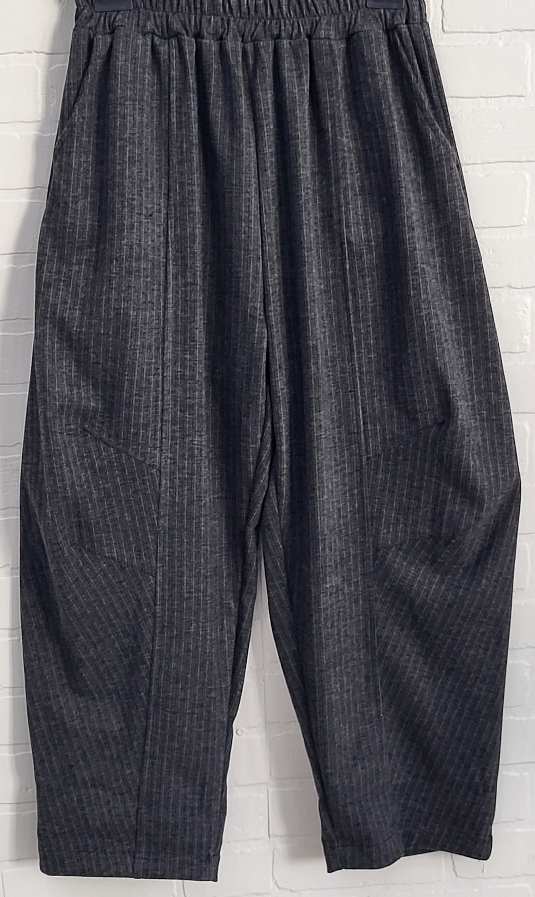 Charcoal Pinstripe Asymmetrical Cowl-Neck Top and Pants Set