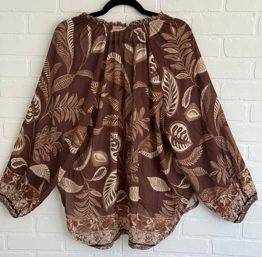 Boho Breeze Chocolate Leaf Print Blouse