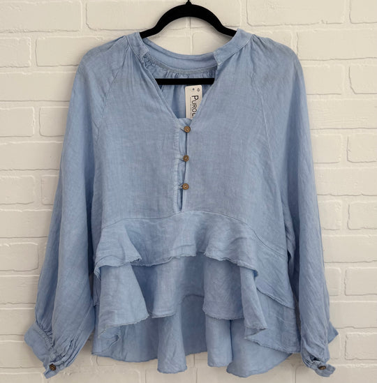 Santorini Linen Ruffle Blouse