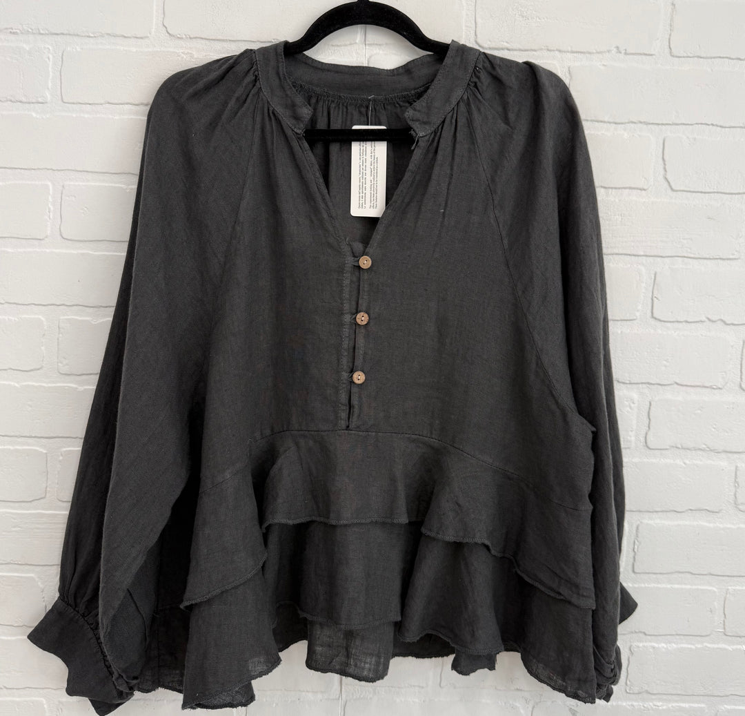 Santorini Linen Ruffle Blouse
