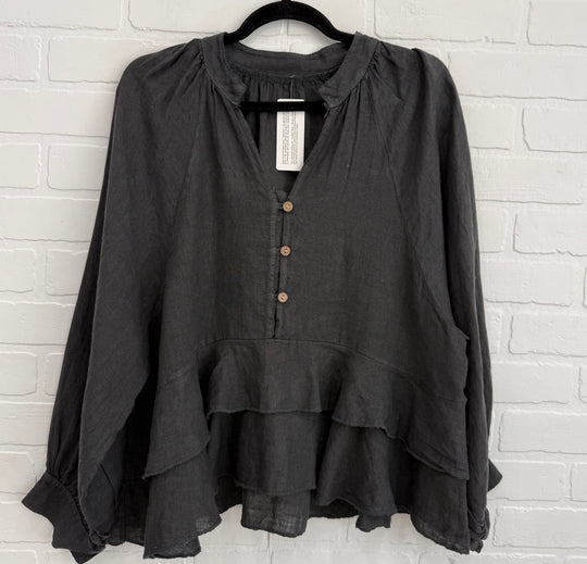 Santorini Linen Ruffle Blouse