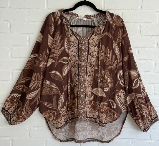 Boho Breeze Chocolate Leaf Print Blouse