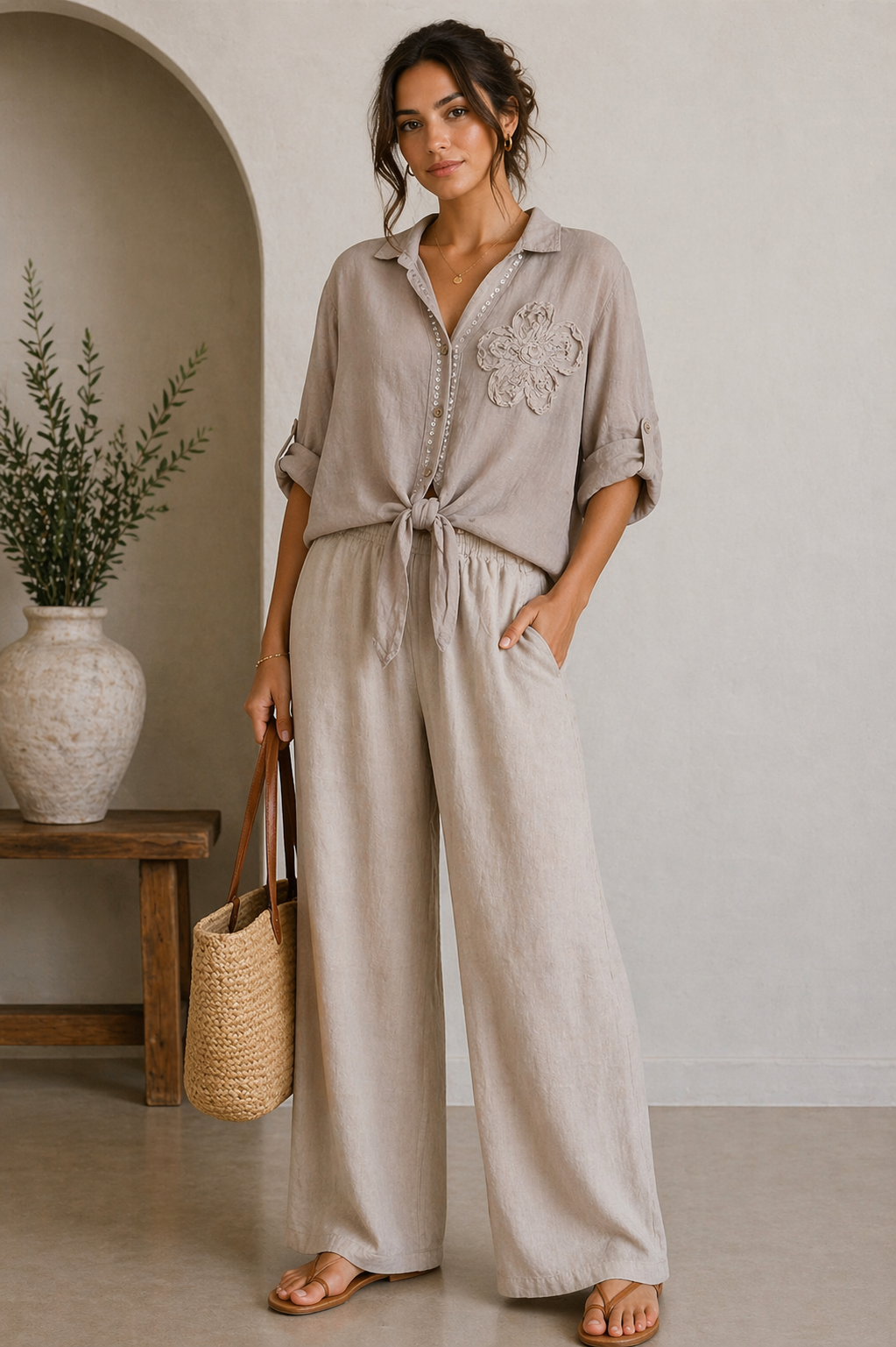 Penelope Tie Linen Shirt with Flower Appliqué