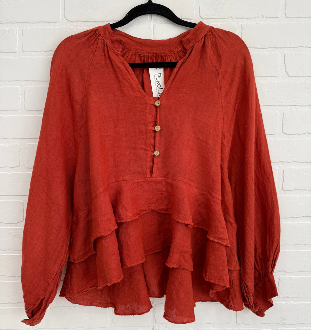 Santorini Linen Ruffle Blouse
