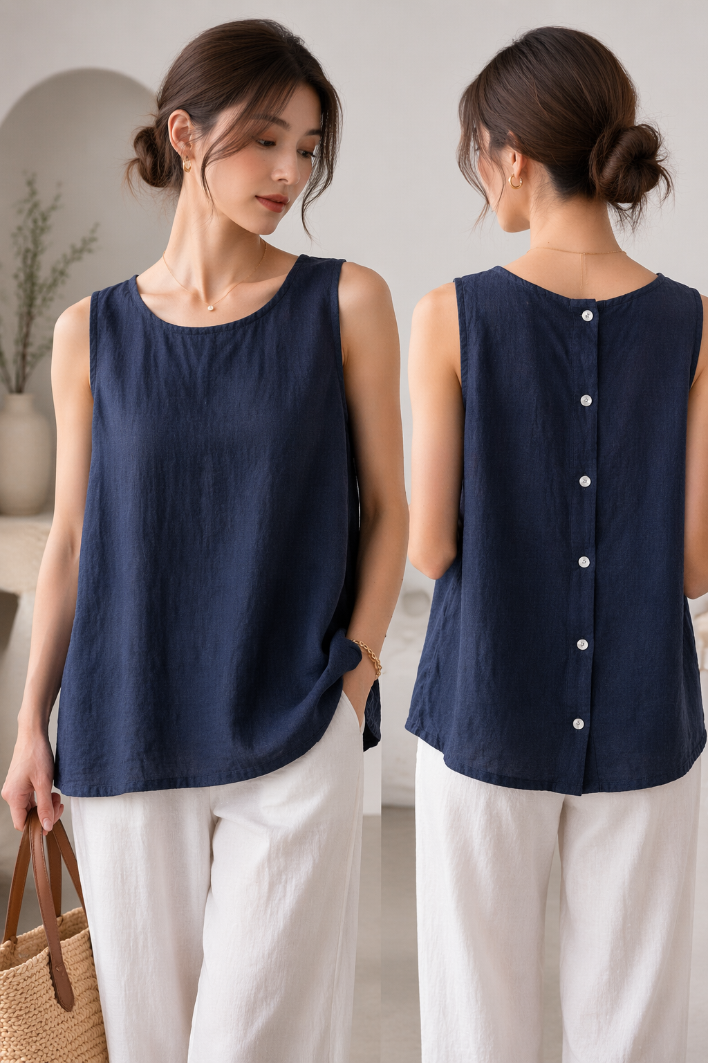 Sleeveless Button- back Linen Top
