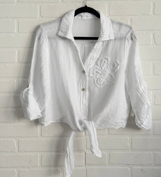 Penelope Tie Linen Shirt with Flower Appliqué