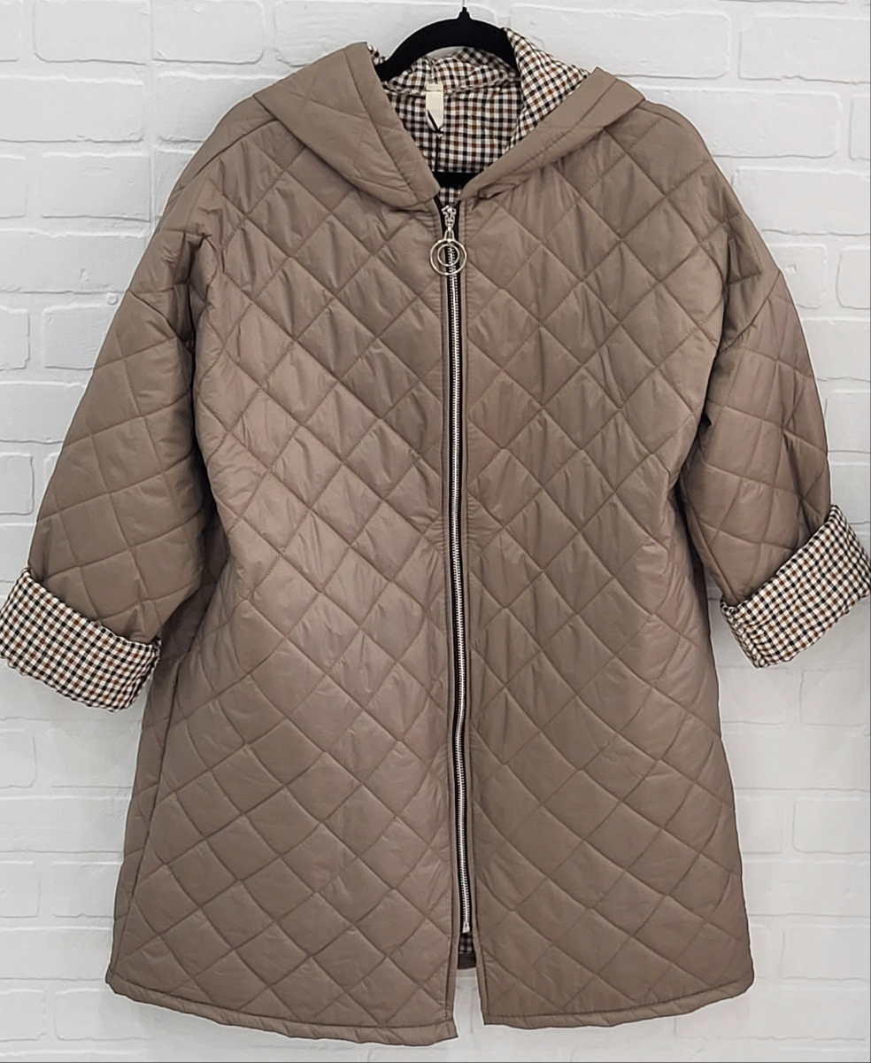 Lux Luna Quilted Hooded Coat with Check Trim