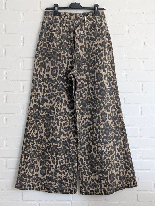 Animal print denim wide pants