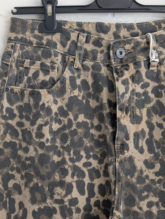 Animal print denim wide pants