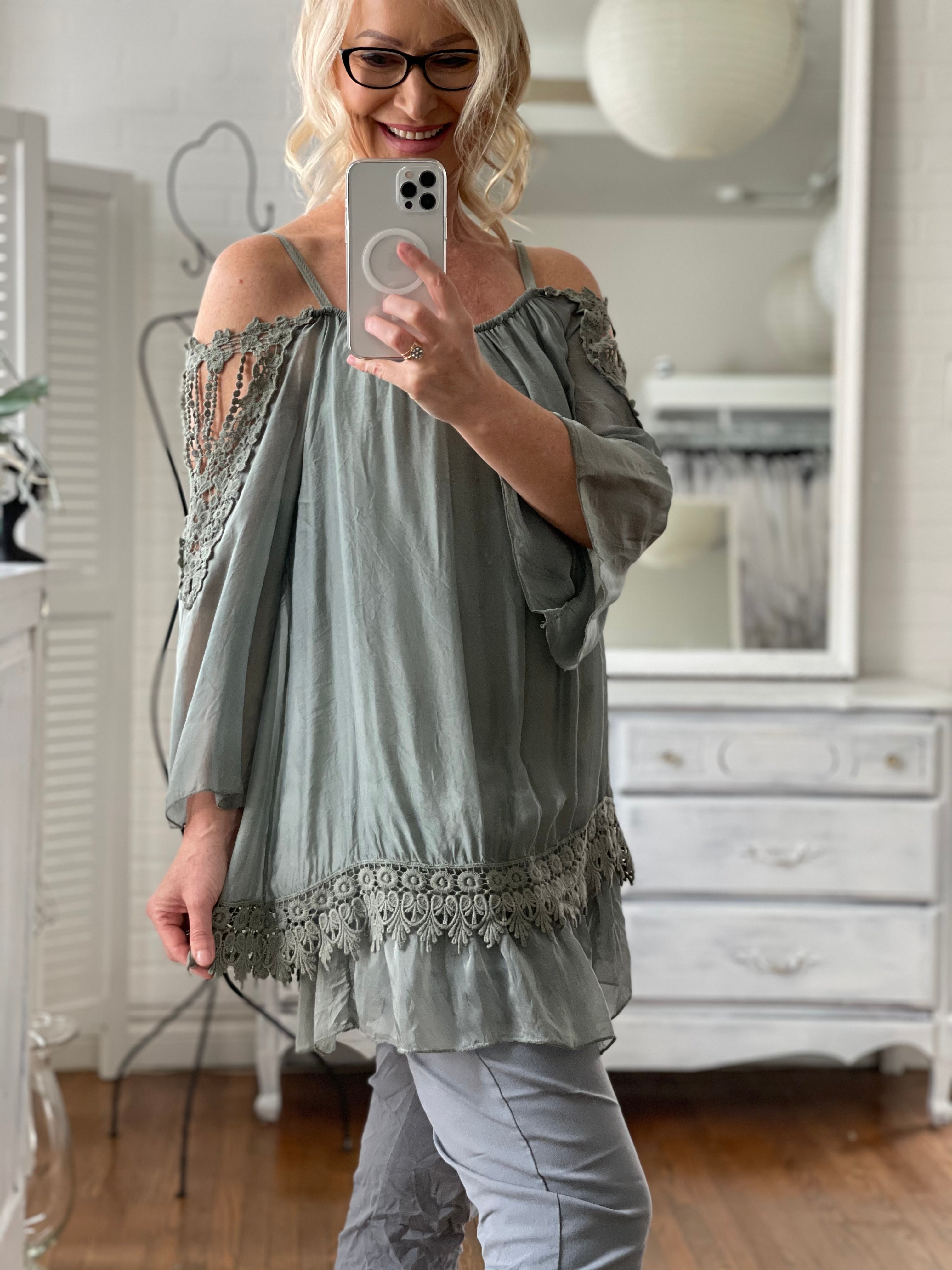 Sage Lace Off-Shoulder Tunic – Unique Boutique Waterloo