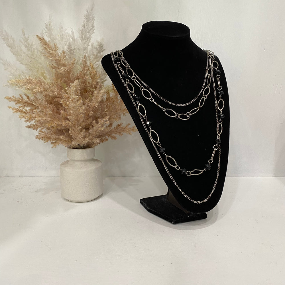 Layered Silver Necklace With Black Gems