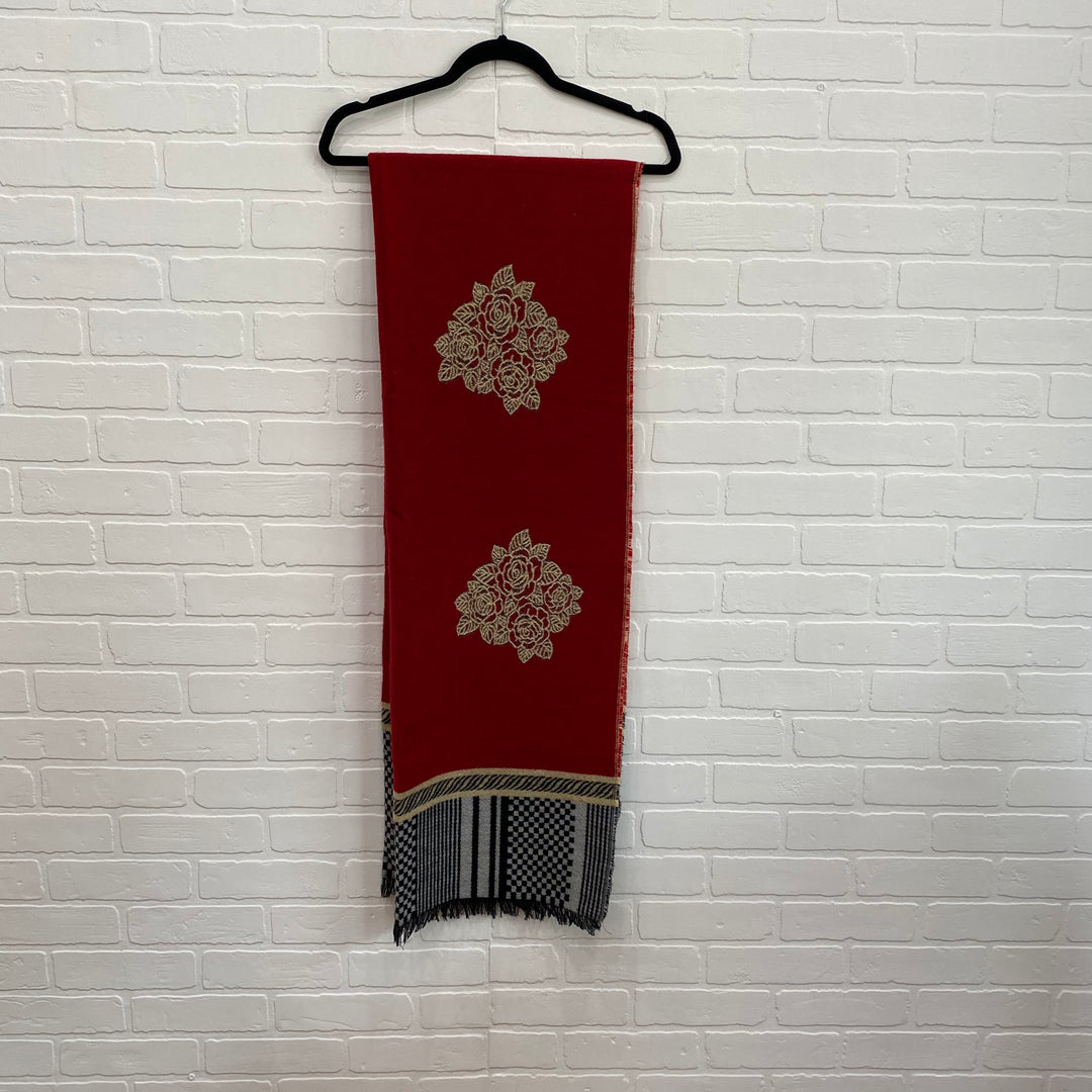 Red Scarf With White Flower Stitching