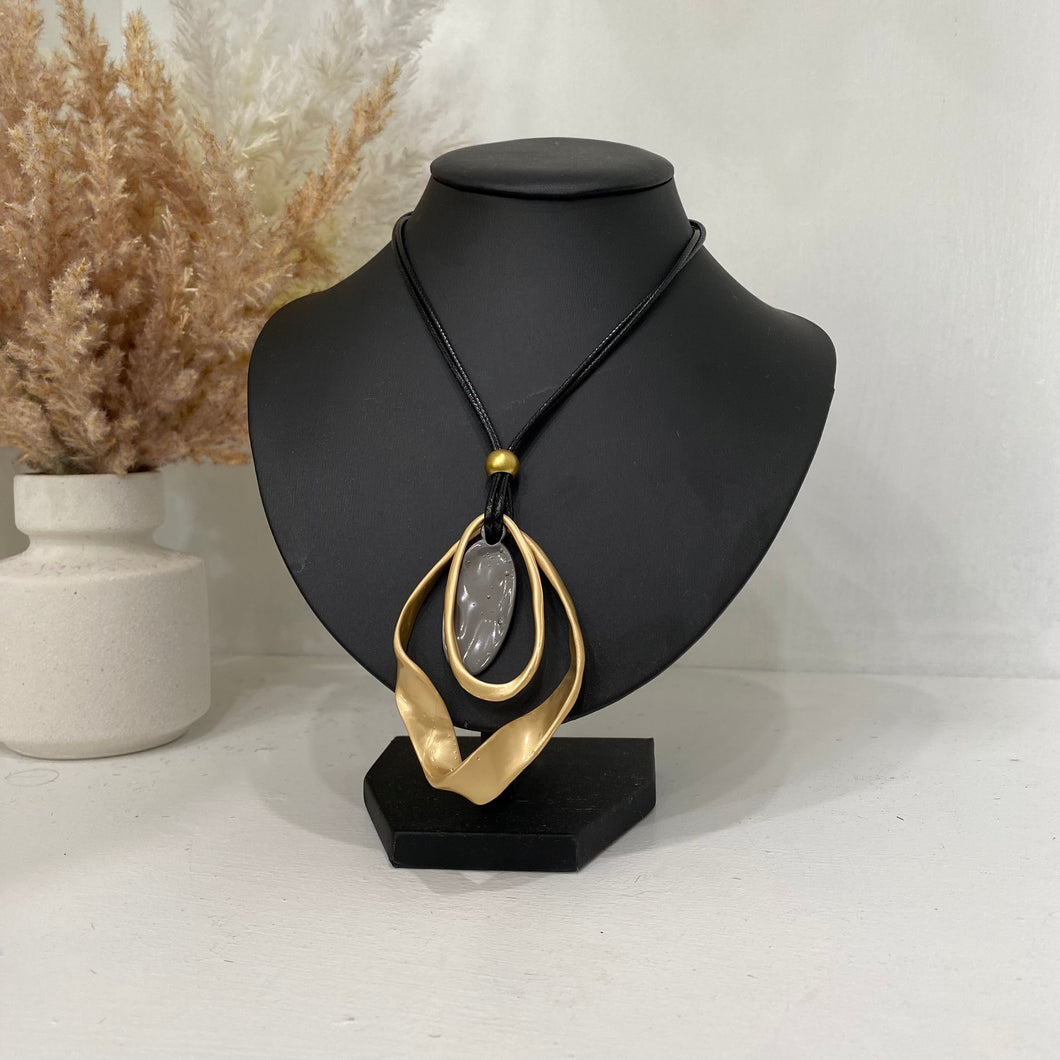Leather Chain Necklace With Grey And Gold Pendant